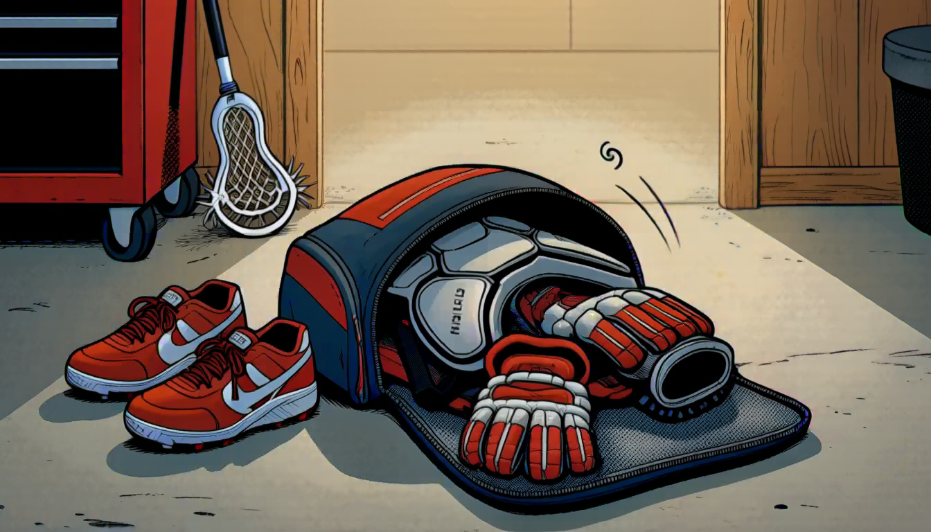 Comic panel of an unzipped lacrosse gear bag with pads, gloves, and helmet spilling out in a garage