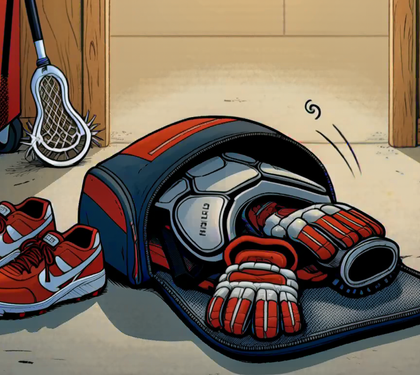 Comic panel of an unzipped lacrosse gear bag with pads, gloves, and helmet spilling out in a garage