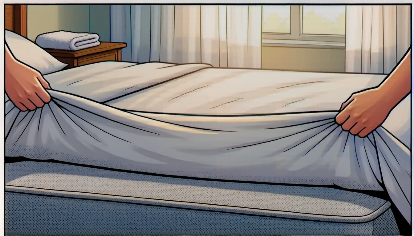 Two hands lifting the sheets off a bare mattress in a sunlit bedroom