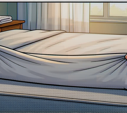 Two hands lifting the sheets off a bare mattress in a sunlit bedroom