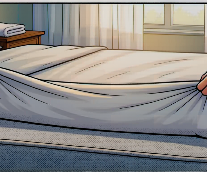 Two hands lifting the sheets off a bare mattress in a sunlit bedroom