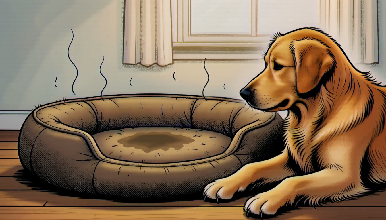 A stained, dog-hair-covered dog bed with stink lines while the dog has given up on it and lies on the floor beside it