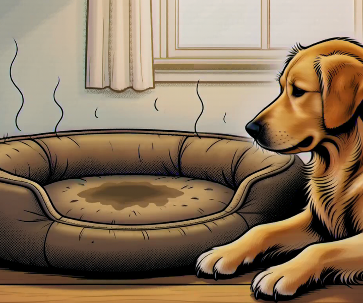 A stained, dog-hair-covered dog bed with stink lines while the dog has given up on it and lies on the floor beside it
