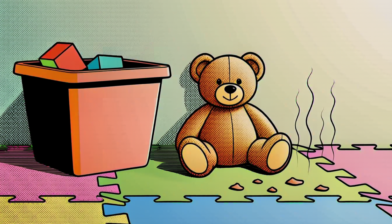 Child's play area with mat, plush bear, toy bin