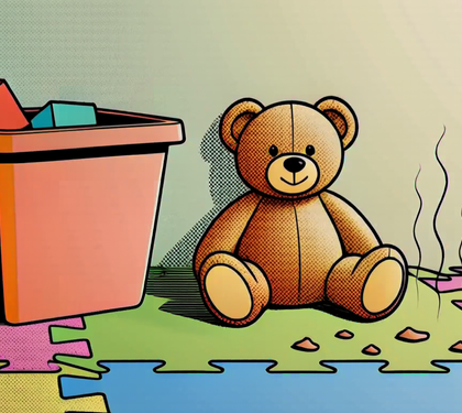 Child's play area with mat, plush bear, toy bin