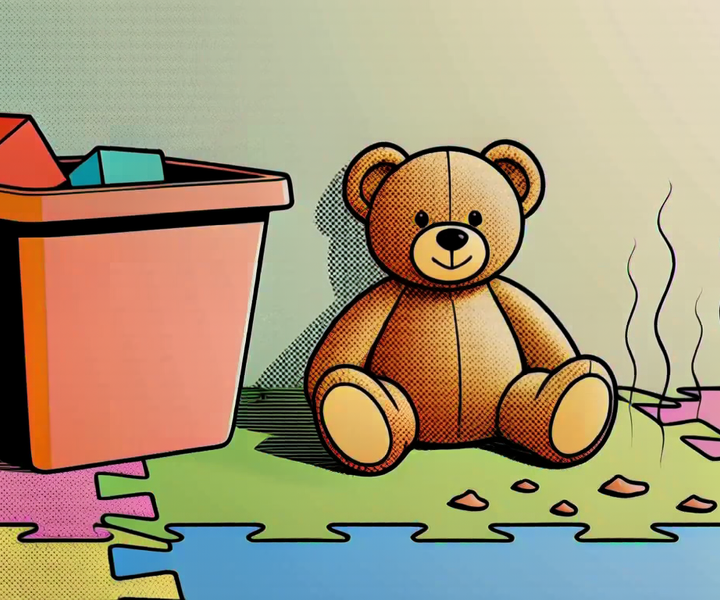 Child's play area with mat, plush bear, toy bin