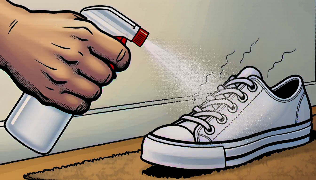 A hand spraying a sneaker on a doormat with a small spray bottle, stink lines parting away from the mist