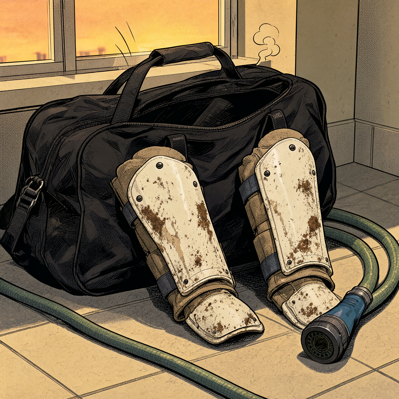 Comic panel of mud-stained soccer shin guards pulled from an open sports duffel bag on a tiled laundry room floor