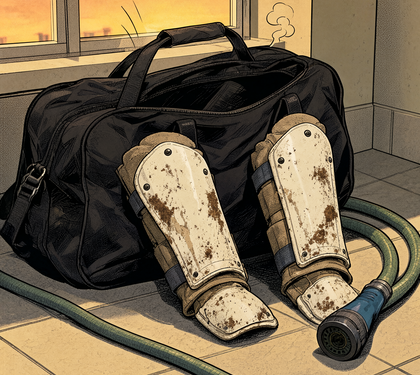 Comic panel of mud-stained soccer shin guards pulled from an open sports duffel bag on a tiled laundry room floor