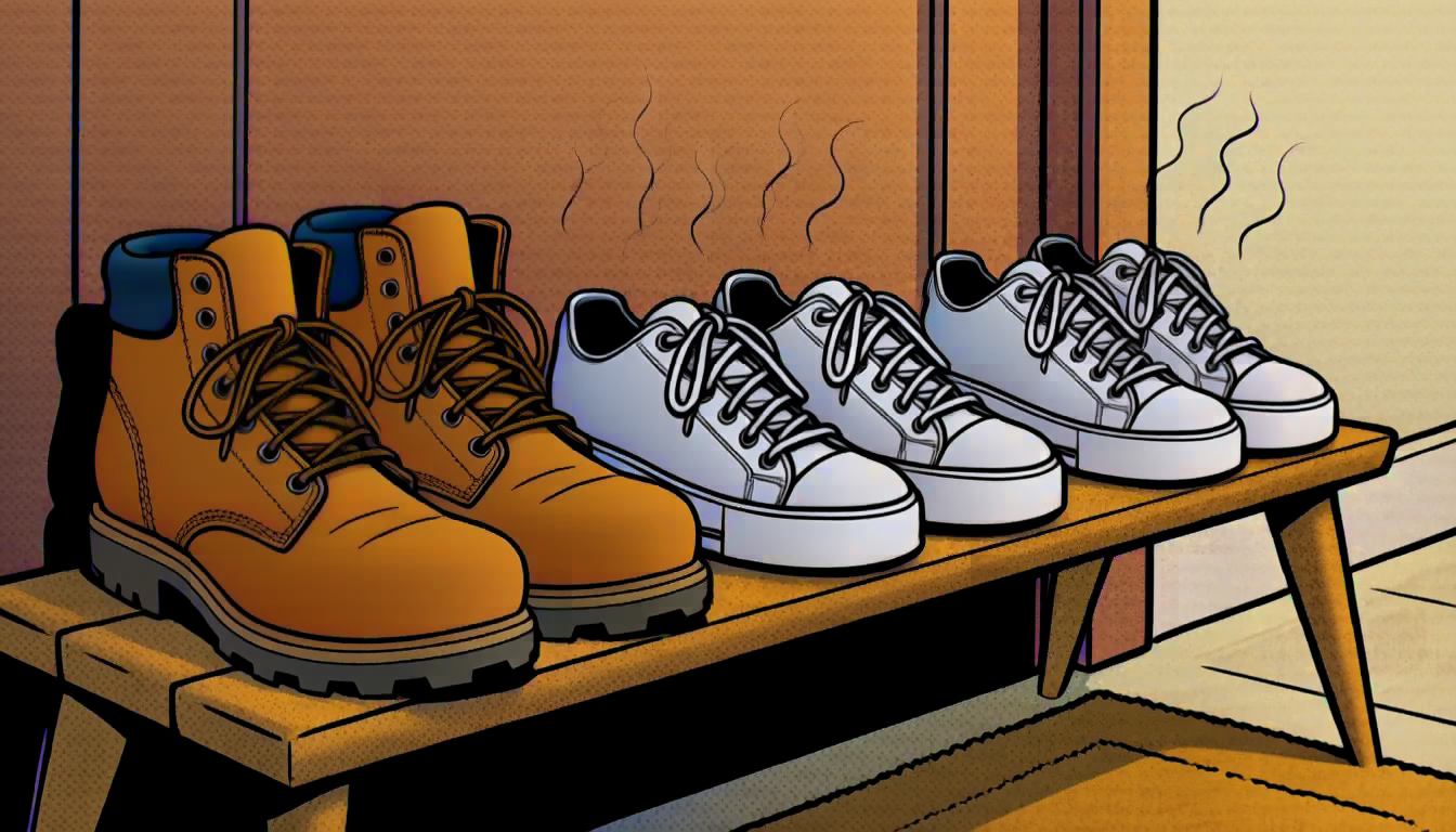 A row of work boots and sneakers on an entryway bench with stink lines rising off the shoes