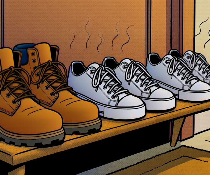 A row of work boots and sneakers on an entryway bench with stink lines rising off the shoes