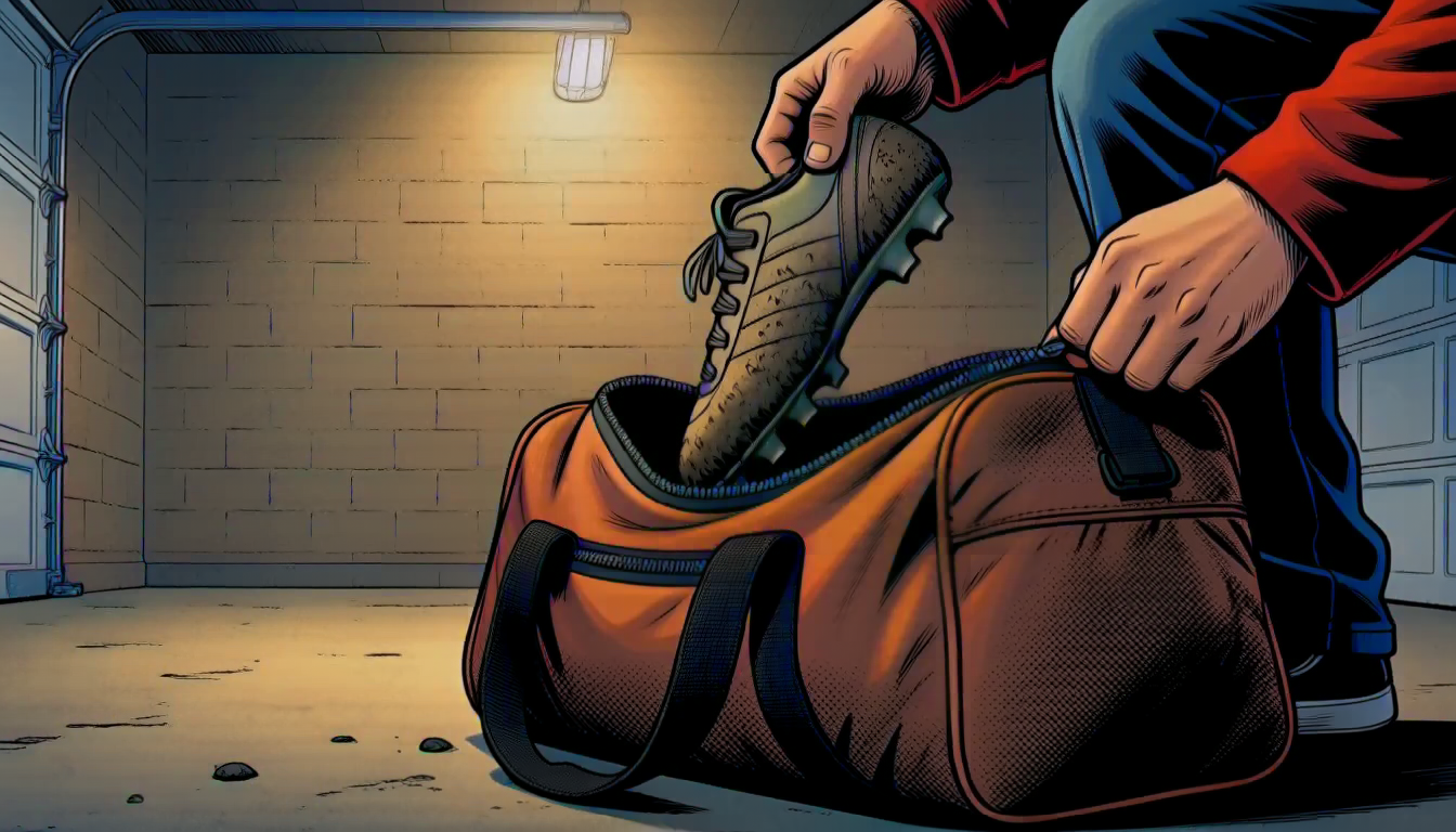 A parent's hand pulling a muddy soccer cleat out of an open duffel bag on a garage floor