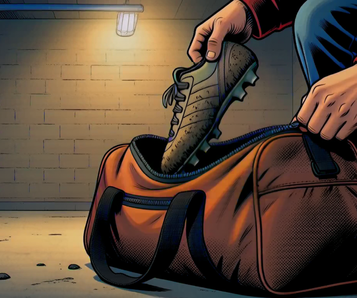 A parent's hand pulling a muddy soccer cleat out of an open duffel bag on a garage floor