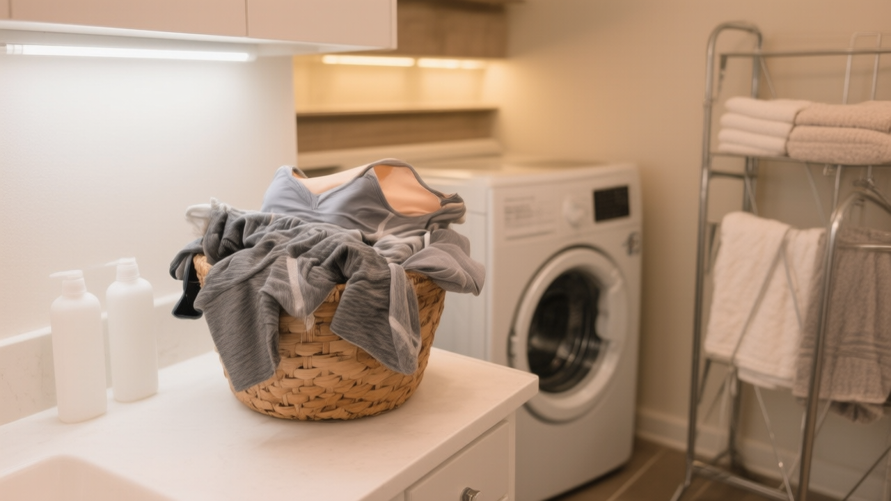 A laundry room counter with a basket of damp athletic clothes and two Dirty Birds bottles