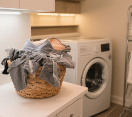 A laundry room counter with a basket of damp athletic clothes and two Dirty Birds bottles