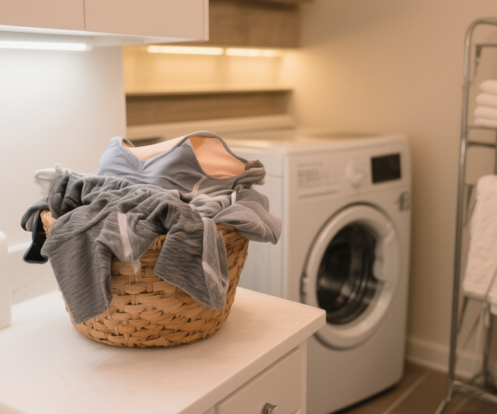 A laundry room counter with a basket of damp athletic clothes and two Dirty Birds bottles