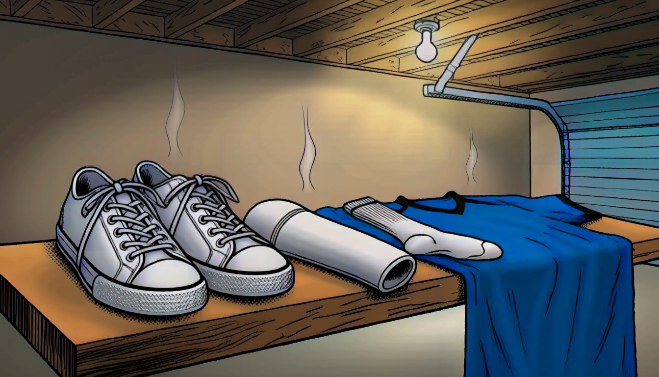 A spread of soccer gear — cleats, shin guard, socks, and a blue jersey — laid out on a bench with stink lines