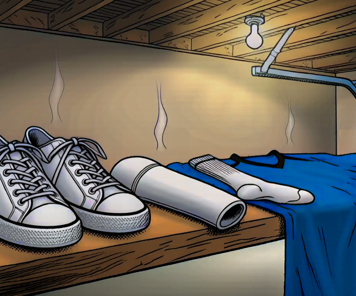 A spread of soccer gear — cleats, shin guard, socks, and a blue jersey — laid out on a bench with stink lines