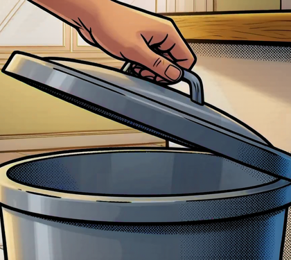 A hand lifting the lid off an open gray kitchen trash can, clean empty interior revealed